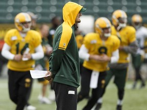 Edmonton Eskimos head coach Jason Maas watches practice at Commonwealth Stadium in Edmonton, Alberta on Friday, October 6, 2017.