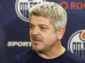 Edmonton Oilers' head coach Todd McLellan speaks to the media during a practice on Oct. 27, 2017, at Edmonton's Downtown Community Arena.