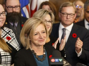 Premier Rachel Notley addresses her caucus at the Alberta Legislature on the first day of the fall sitting in Edmonton, Alberta on Monday, October 30, 2017. Photo by Ian Kucerak