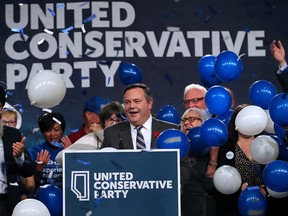 Jason Kenney celebrates after being elected leader of the United Conservative Party. The leadership race winner was announced at the BMO Centre in Calgary on Saturday, Oct. 28, 2017.
