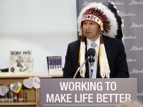 Chief Tony Alexis, Alexis Nakota Sioux Nation during a press conference at Dr. Martha Cohen School in Calgary on Tuesday October 24, 2017 about new resources to support reconciliation and the inclusion of First Nations, Métis and Inuit history, perspectives and contributions into current Grade 1-9 curriculum. Leah Hennel/Postmedia