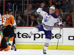 Edmonton Oilers' Connor McDavid (97) reacts after scoring a goal during the second period of an NHL hockey game against the Philadelphia Flyers, Thursday, Dec. 8, 2016, in Philadelphia.