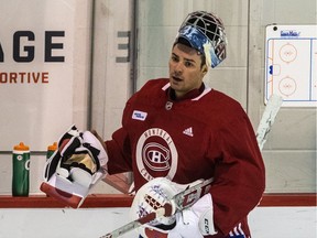 Canadiens goalie Carey Price takes a break during practice at the Bell Sports Complex in Brossard on Sept. 19, 2017.