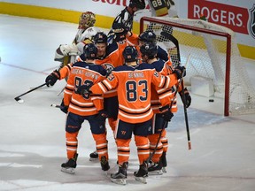 Edmonton Oilers celebrate Ryan Nugent-Hopkins (93) goal against the Vegas Golden Knights during NHL action at Rogers Place in Edmonton, November 14, 2017.