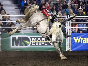 Bareback rider Jake Vold takes part in the second go-round of the Canadian Finals Rodeo at Northlands Coliseum, in Edmonton on Nov. 9, 2016.