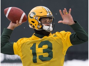 Mike Reilly takes part in an Edmonton Eskimos' team practice at Commonwealth Stadium, in Edmonton Wednesday Nov. 8, 2017.