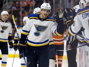 St. Louis Blues centrebBrayden Schenn celebrates a goal against the Edmonton Oilers during NHL action at Rogers Place on Nov. 16, 2017.