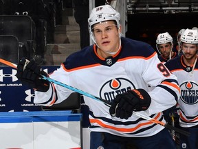 Edmonton Oilers forward Jesse Puljujarvi in warm-up before NHL pre-season action against the visiting Calgary Flames on Sept. 18, 2017, at Rogers Place.