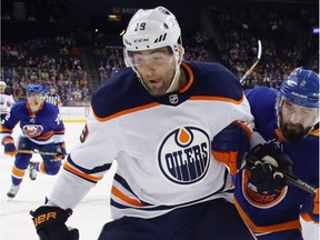 Edmonton Oilers forward Patrick Maroon during NHL action against the New York Islanders on Nov. 7, 2017, in Brooklyn, N.Y.