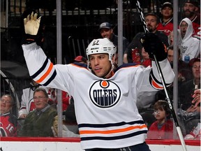 Milan Lucic #27 of the Edmonton Oilers celebrates his goal in the third period against the New Jersey Devils on November 9, 2017 at Prudential Center in Newark, N.J.