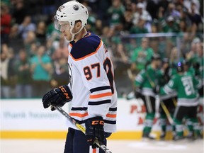 Connor McDavid of the Edmonton Oilers skates off the ice after a goal by the Dallas Stars on Nov. 18, 2017 in Dallas.