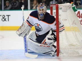 Edmonton Oilers goalie Cam Talbot against the Dallas Stars on Nov. 18, 2017, at American Airlines Center.