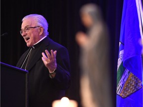 Bishop Emeritus Frederick Henry gives the opening address at the Alberta Catholic School Trustees (ACSTA) annual convention at the Westin Hotel in Edmonton, Nov. 17, 2017.