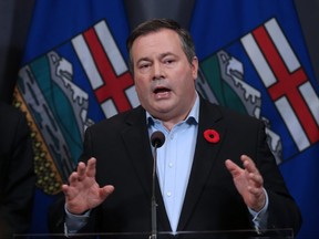 New UCP leader Jason Kenney speaks to media after it was announced Calgary Lougheed MLA Dave Rodney would give up his seat to make way for a by-election to elect Kenney. The two made the announcement at the downtown Calgary Hyatt hotel on Sunday October 29, 2017.