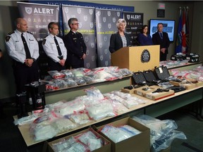 Calgary Police Inspector Patty McCallum speaks at press conference in Calgary on Wednesday announcing a record $4-million drug seizure following a year-long investigation.