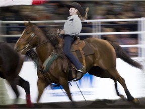 Taylor Manning, 13, celebrates her first place 14.643 finish at the Canadian Finals Rodeo on Saturday November 11, 2017, in Edmonton.