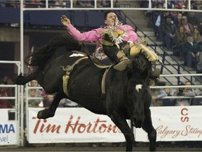 Ty Taypotat gets a score of 84 in the bareback riding competition on the final day of the Canadian Finals Rodeo on Sunday November 12, 2017, in Edmonton.