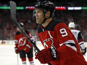 New Jersey Devils forward Taylor Hall celebrates scoring a goal against the Arizona Coyotes during NHL hockey action on Oct. 28, 2017, in Newark, N.J.