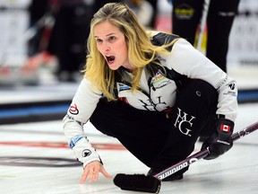 Jennifer Jones takes to the Winsport Arena ice in the Humpty's Champions Cup - Pinty's Grand Slam of Curling in Calgary on April 28, 2017.