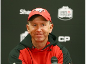 Stampeders head coach Dave Dickenson answers media questions in Calgary on Saturday, November 18, 2017 in preparation for the CFL Western Final against the Edmonton Eskimos.