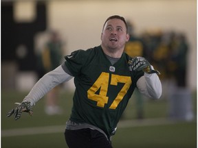 J.C. Sherritt is back practising with the Edmonton Eskimos on Friday November 17, 2017, after missing most of the season.