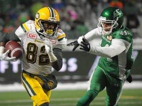 Edmonton Eskimos wide receiver Jamill Smith carries the ball against the Saskatchewan Roughriders during second half CFL action at Mosaic Stadium in Regina on Saturday, November 4, 2017.