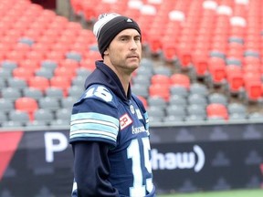 Toronto Argonauts quarterback Ricky Ray walks on the field during practice in Ottawa on Saturday, November 25, 2017. The Toronto Argonauts will play the Calgary Stampeders in the 105th Grey Cup. THE CANADIAN PRESS/Nathan Denette