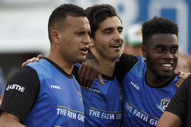 Edmonton's Mauro Eustaquio (centre) celebrates a goal with teammates during the second half of a NASL soccer game between FC Edmonton and North Carolina FC at Clarke Stadium in Edmonton on Friday, July 7, 2017. Ian Kucerak / Postmedia