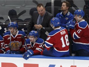 Head coach Steve Hamilton and players on the Edmonton Oil Kings' bench on Oct. 18, 2017.