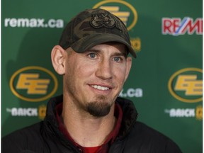 Edmonton Eskimos head coach Jason Maas speaks to the media at Commonwealth Stadium ahead of the CFL West Final versus the Calgary Stampeders in Edmonton, Alberta on Wednesday, November 15, 2017.