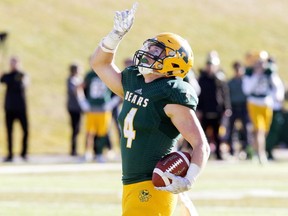 University of Alberta Golden Bears' Ed Ilnicki (4) celebrates a first quarter touchdown against the Saskatchewan Huskies, in Edmonton Saturday Oct. 21, 2017.