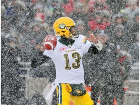 Mike Reilly of the Edmonton Eskimos against the Ottawa Redblacks during first half of the CFL's East Division final at TD Place Stadium in Ottawa, Nov. 20, 2016.