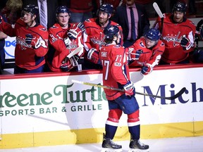 Washington Capitals winger T.J. Oshie celebrates his shootout goal against the Edmonton Oilers, on Nov. 12, 2017, in Washington. The Capitals won 2-1.