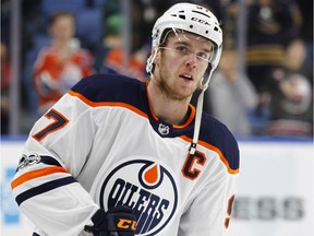 Edmonton Oilers star Connor McDavid skates prior to an NHL game against the Buffalo Sabres on Nov. 24, 2017, in Buffalo, N.Y.