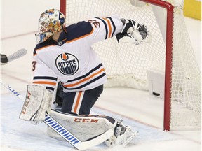 Edmonton Oilers goalie Cam Talbot (33) allows a goal by Dallas Stars center Radek Faksa, not shown, during the second period of an NHL hockey game against the Dallas Stars in Dallas, Saturday, Nov. 18, 2017.