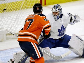 Edmonton Oiler captain Connor McDavid scores on goalie Frederik Andersen in second period NHL game action against the Toronto Maple Leafs in Edmonton on Thursday November 30, 2017.