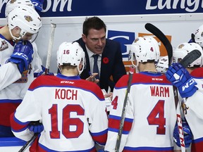 Assistant coach Ryan Marsh of the Edmonton Oil Kings talks to his team in second-period action against the Vancouver Giants during a timeout in their WHL game at the Langley Events Centre on November 12, 2017 in Langley, British Columbia. The Oil Kings lost 4-3 at the Prince George Cougars on Saturday.