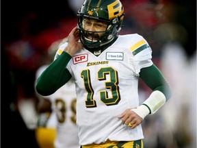 Edmonton Eskimos quarterback Mike Reilly walks to the sidelines during a game against the Calgary Stampeders in the 2017 CFL West Final in Calgary on November 19, 2017.