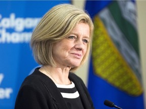 Premier Rachel Notley speaks to reporters following her address to the Calgary Chamber of Commerce on November 24, 2017.