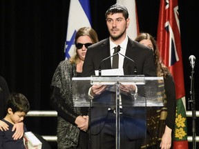 Jonathon Sherman speaks during a memorial service for his parents Barry and Honey Sherman.