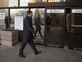 Derek Fildebrandt arrives at the law courts in Edmonton Monday Dec. 18, 2017. A former neighbour has accused Fildebrandt of a hit-and-run that damaged her van in June 2016.