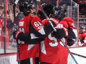 Cody Ceci of the Ottawa Senators celebrates his second-period goal against the New York Rangers on Dec. 13, 2017