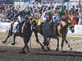 Rico Walcott on Chief Know It All managed to hold off challengers on both sides to win the 88th Running of the Canadian Derby at Northlands Park in Edmonton on Aug. 19, 2017.