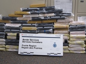 Nearly 100 kilos of cocaine seized at the Coutts, Alta., border crossing were put on display.