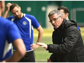 FC Edmonton head coach Colin Miller instructs his players during halftime against the University of Alberta Golden Bears during an exhibition game at Foote Field on March 7, 2017. The club recently ceased operations. (Ed Kaiser)