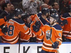 Edmonton Oilers forward Drake Caggiula celebrates a goal during third period NHL action against the St. Louis Blues, in Edmonton on Dec. 21, 2017.