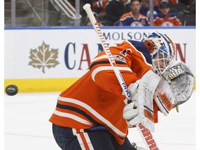 Edmonton Oilers goalie Laurent Brossoit makes a save against the Philadelphia Flyers in Edmonton on Wednesday, Dec. 6, 2017.