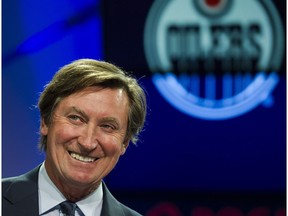Former Edmonton Oilers great Wayne Gretzky speaks to media about the upcoming NHL Greatest Team celebration game and being voted the greatest team of all time, in Toronto on Sunday, Dec. 10, 2017.