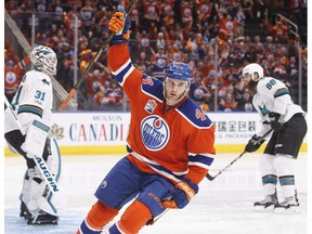 San Jose Sharks' Martin Jones (31) and Brent Burns (88) react as Edmonton Oilers forward Zack Kassian (44) celebrates scoring a playoff goal in Edmonton on April 14, 2017. (File)