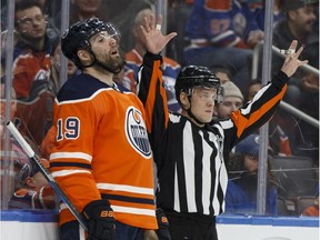 Edmonton's Patrick Maroon (19) reacts to being stopped by San Jose's goaltender Martin Jones (31) during the third period of a NHL game at Rogers Place between the Edmonton Oilers and the San Jose Sharks in Edmonton, Alberta on Monday, December 18, 2017.
